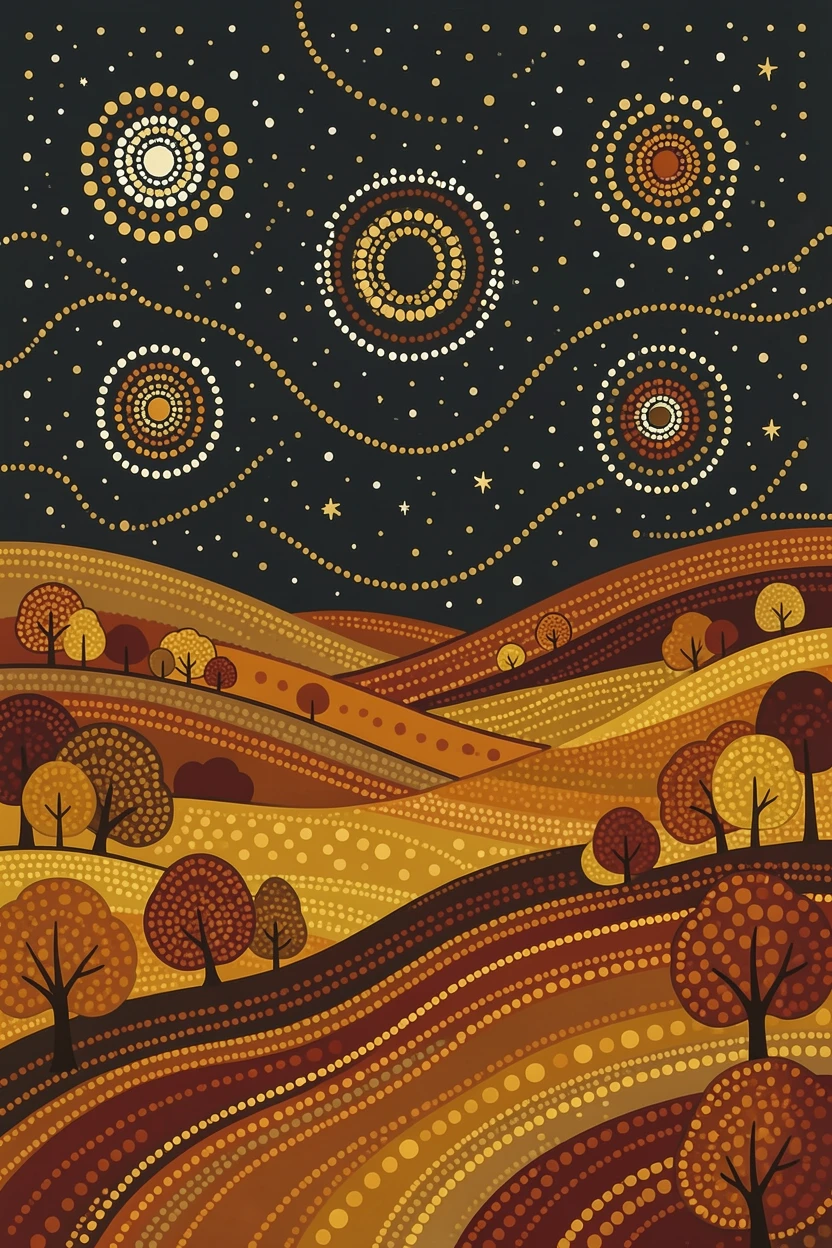 A golden autumn valley beneath a starry night sky