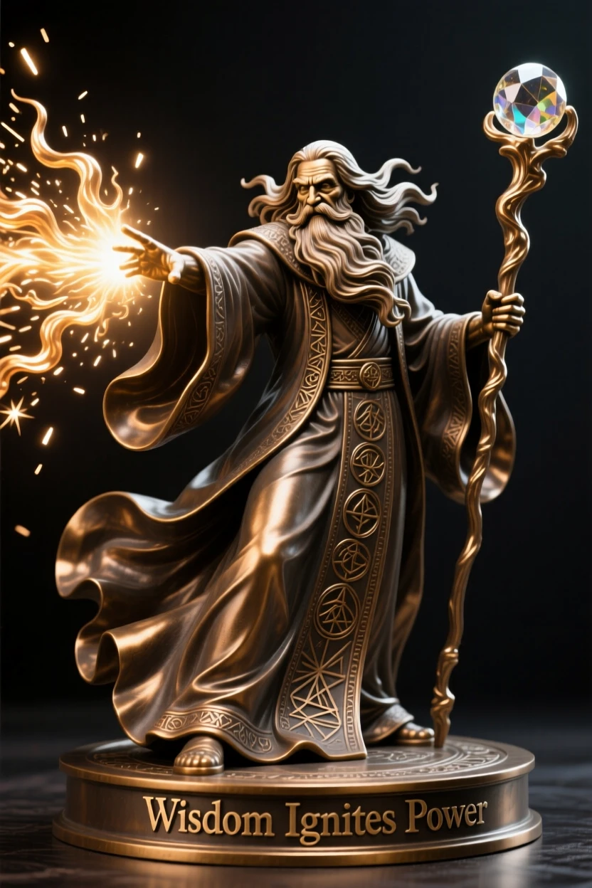 A wise old wizard summoning a burst of light, captured in a powerful, dynamic pose, radiating awe and grandeur