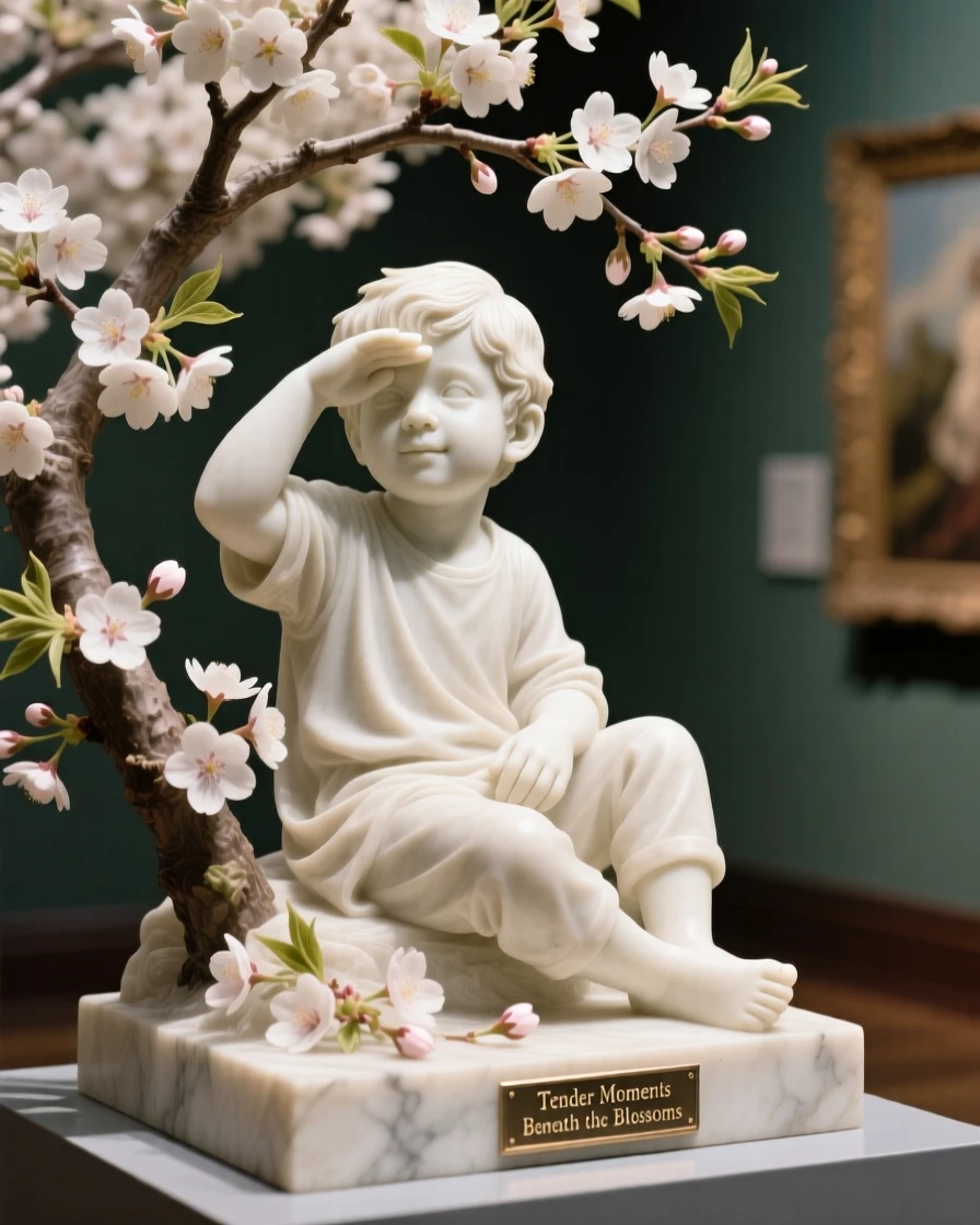 A tender portrait of a little boy, shielding their eyes from the sun, beneath cherry blossoms in full bloom, evoking warmth and humanity