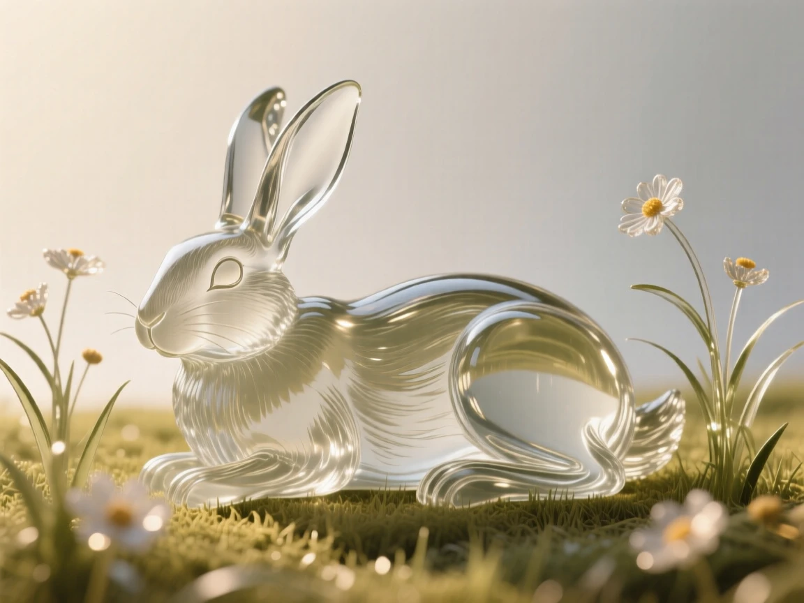 A wild rabbit resting peacefully in a sunlit meadow scattered with wildflowers, a gentle breeze bending the grass, evoking warmth and tranquility.