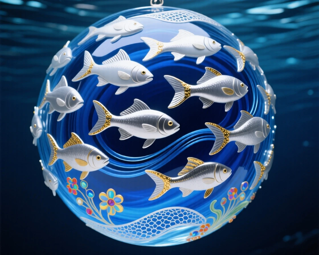 A school of silver fish forming a swirling sphere in deep blue water, mesmerizing and hypnotic.