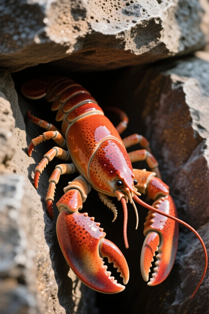 A lobster resting beneath a rocky ledge suspended in a shaft of filtered sunlight, with light rippling across its skin, radiating playful, gentle joy.