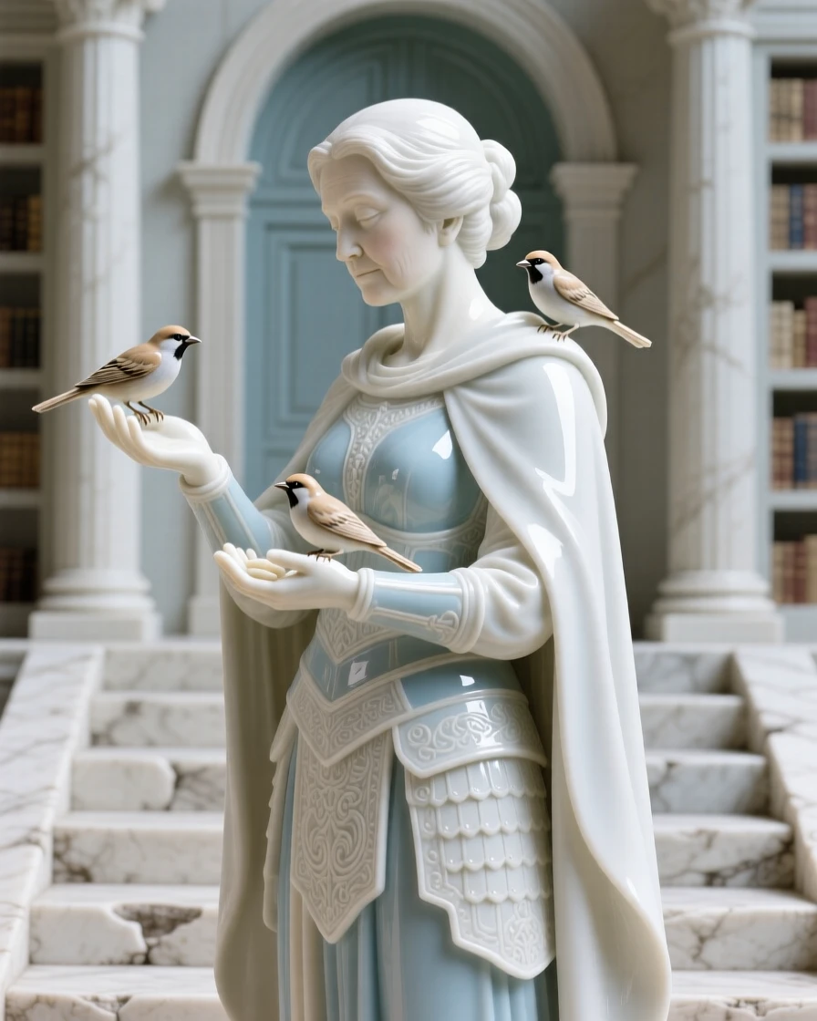 A middle-aged warrior maiden feeding songbirds from an open palm, her posture calm and dignified, in the steps of a grand library.