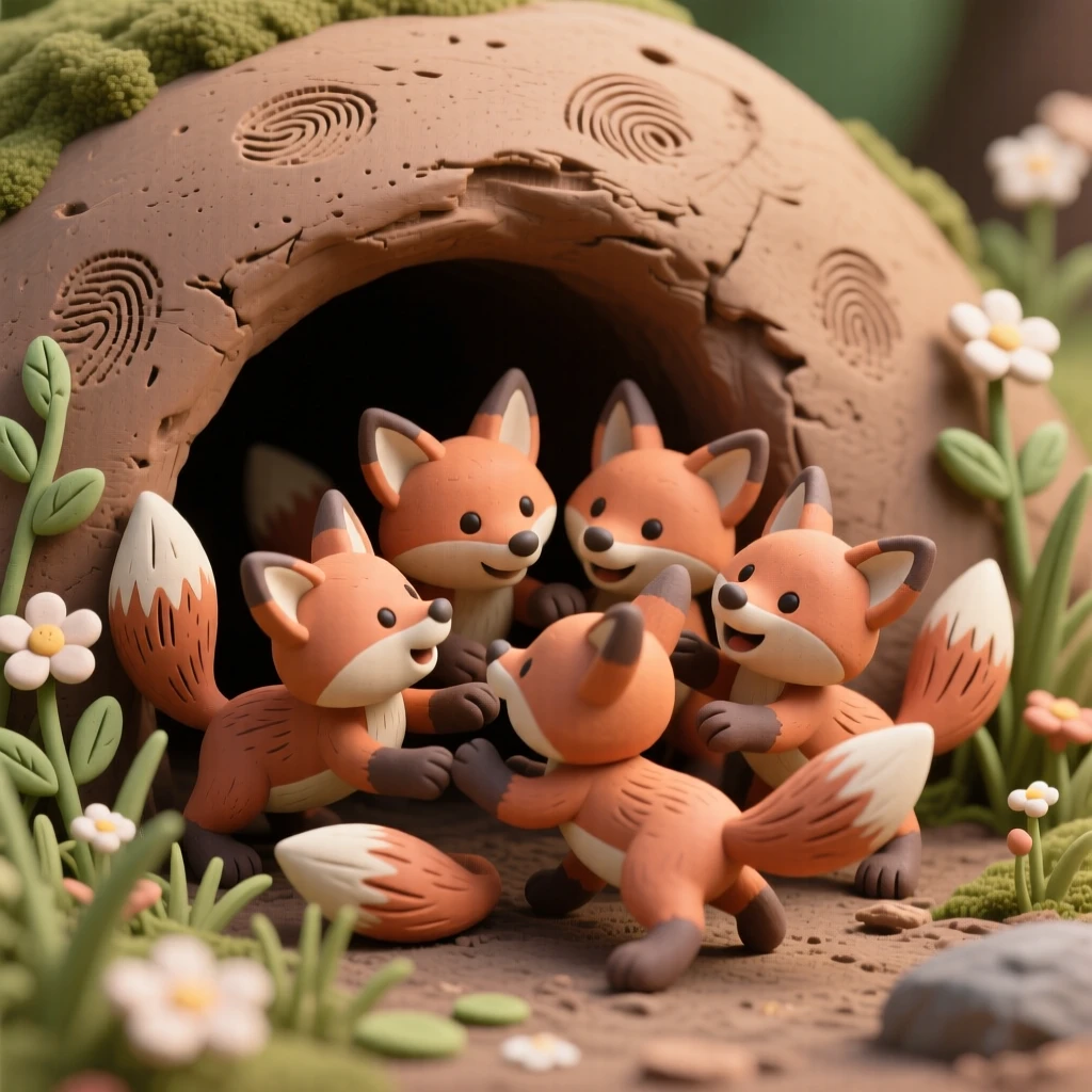 A litter of fox kits wrestling near their den entrance in spring
