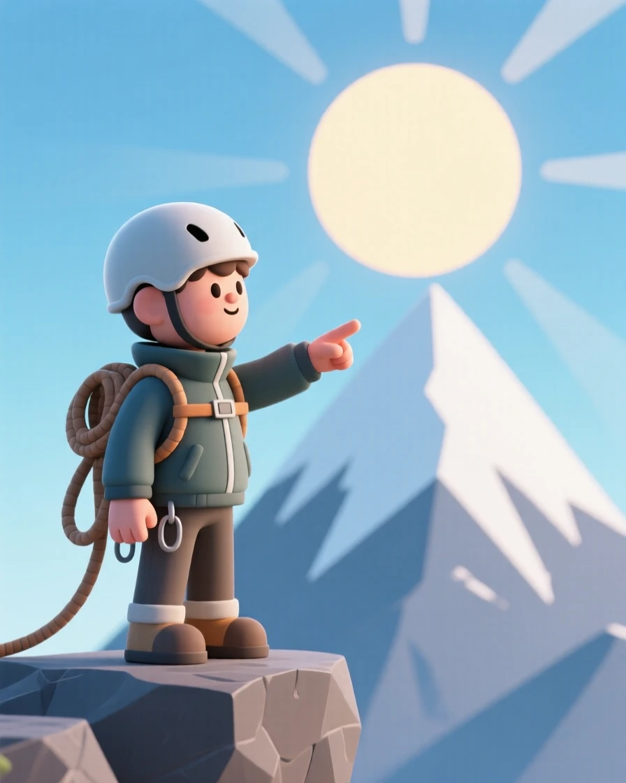 A determined mountain guide points toward a snowy peak, ropes coiled over his shoulder as the sun rises behind him.