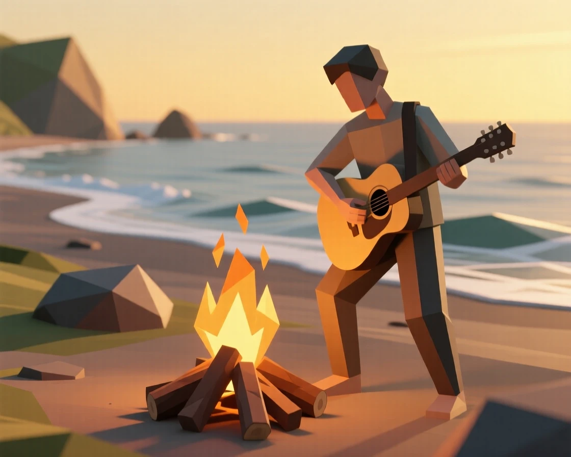 A guitarist playing beside a campfire, at golden hour by the coastline. a shallow depth of field keeps the action sharply in focus. The scene feels energetic and inspiring.