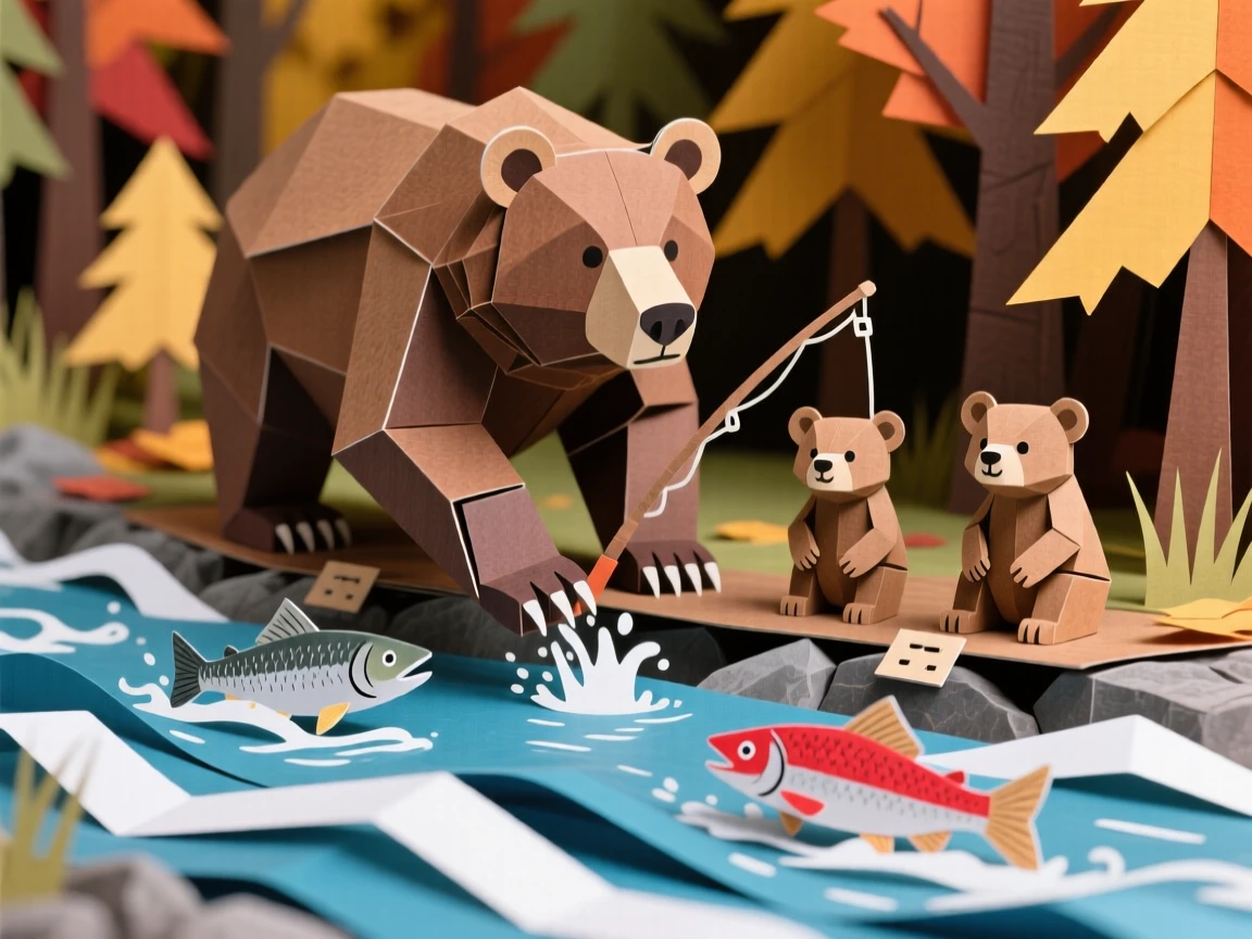 A mother bear and her two cubs fishing for salmon in a rushing river surrounded by autumn forest, capturing nurturing strength and the rhythms of the wild.