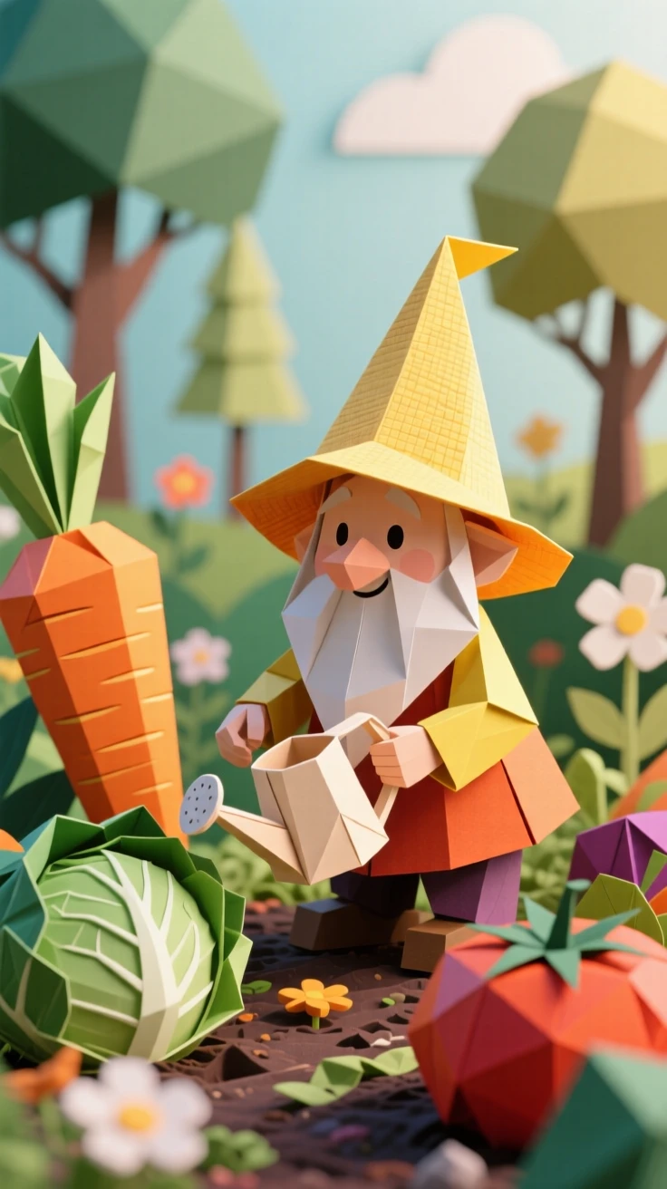 A friendly gnome tending a garden of oversized vegetables, watering can in hand, sunhat slightly crooked.