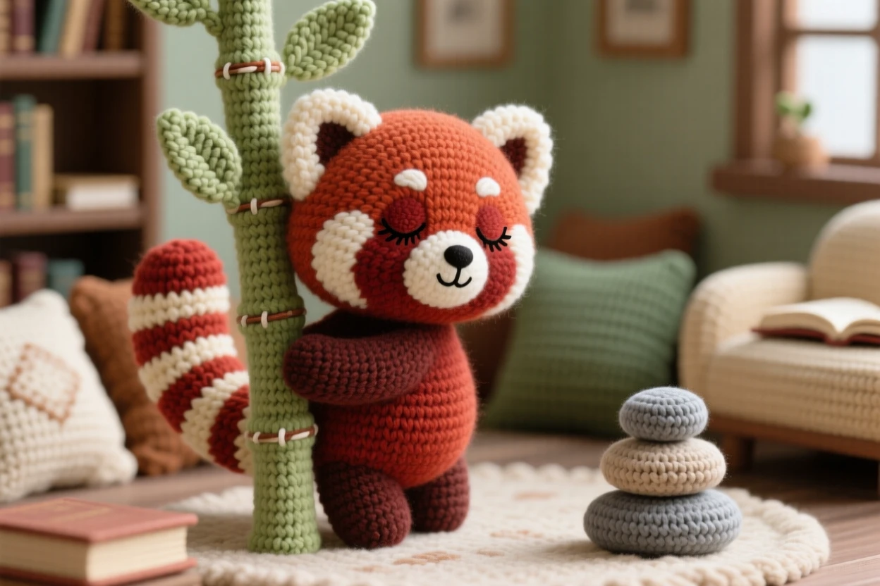 a baby red panda with a ringed tail and rust-colored fur is shown clinging to a bamboo branch with a sleepy expression within a quiet library reading corner with soft cushions, accompanied by a few pebbles stacked in a small pile, capturing a serene, storybook stillness.