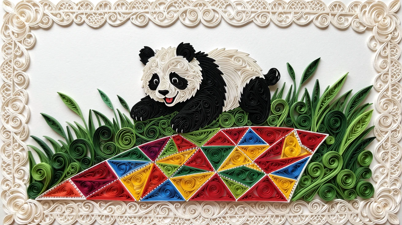 a baby panda rolling down a grassy hill, on a quilted patchwork blanket in a backyard, captured mid-motion with a joyful, candid feel, with delicate lace-like texture along the edges.