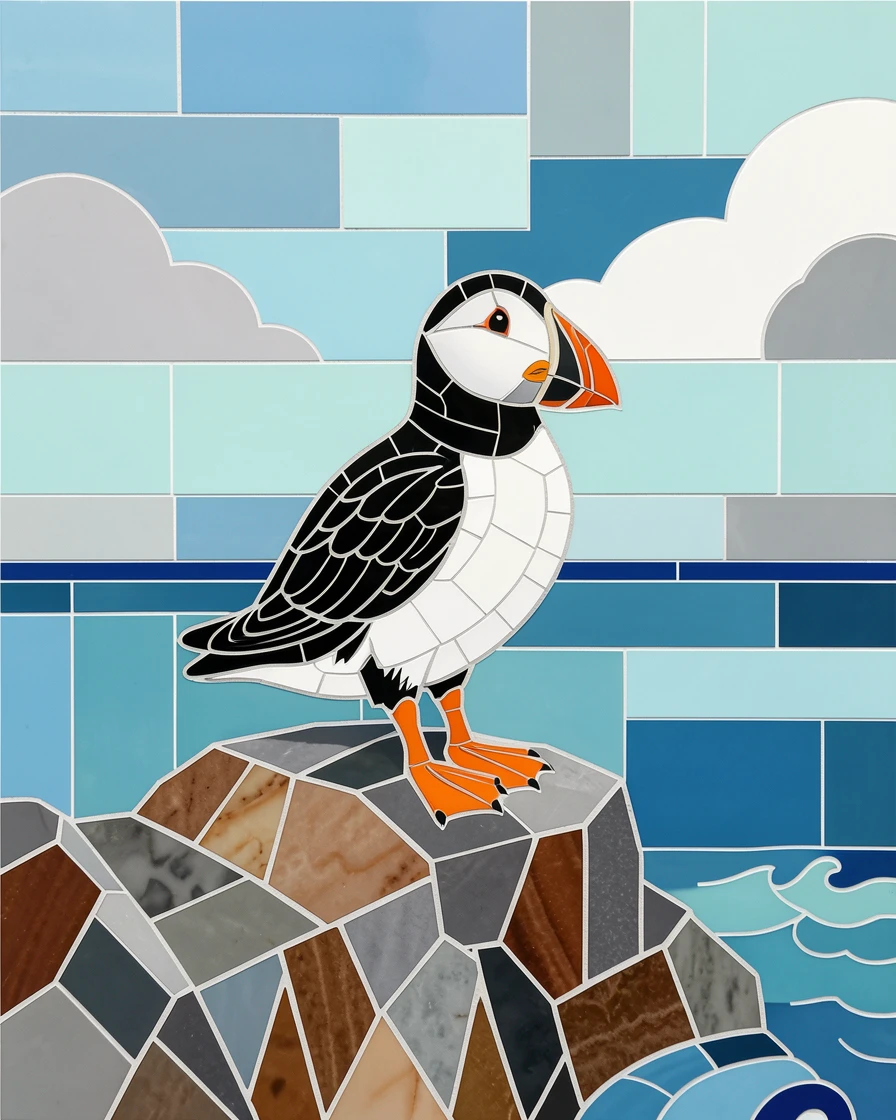 A puffin perched on a rocky coastal cliff.