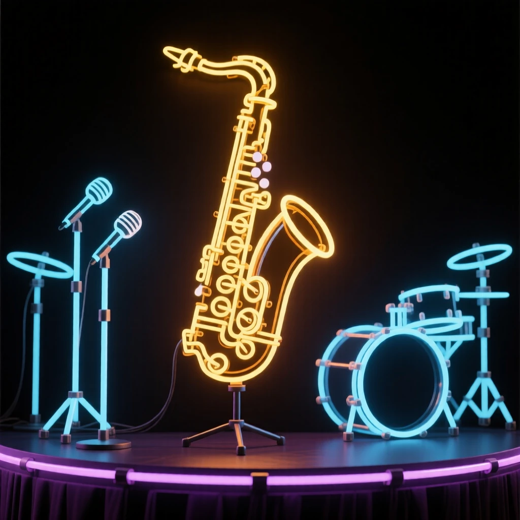 A saxophone resting on a stand between sets at a jazz club.