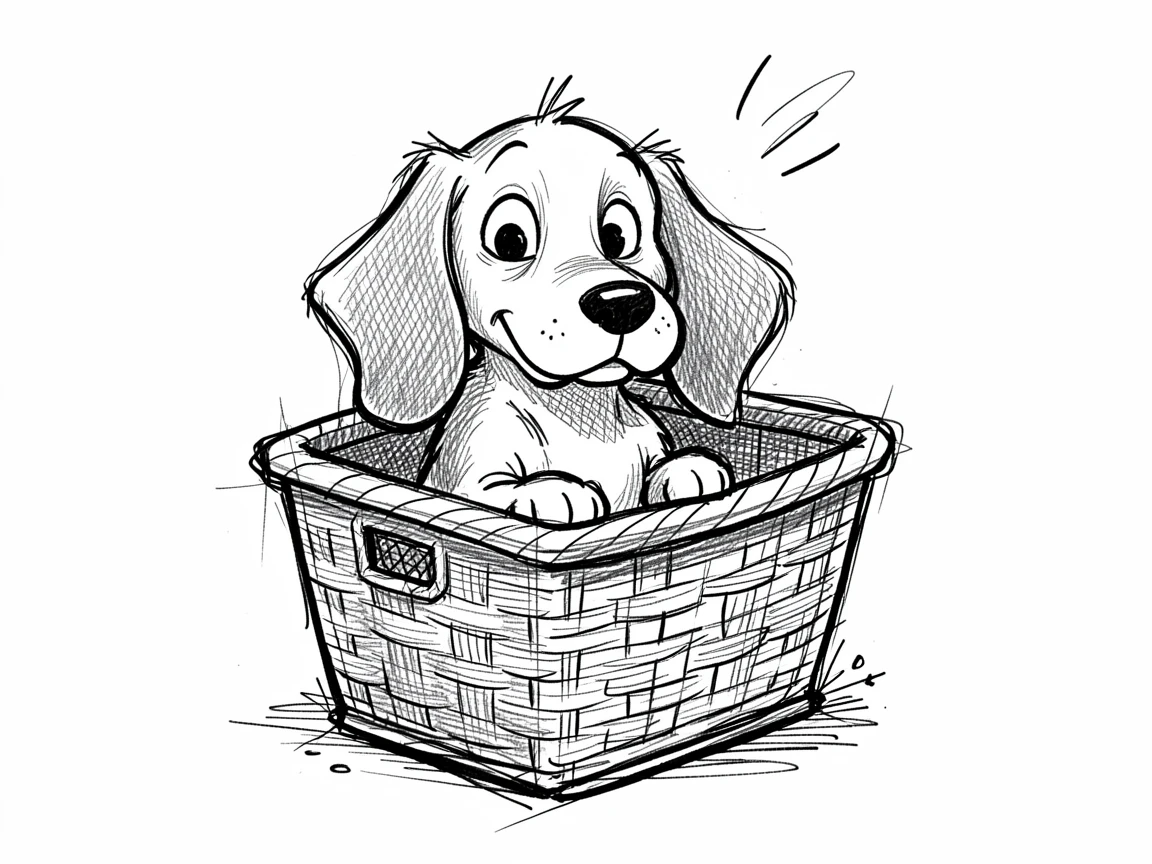 A floppy-eared beagle sitting inside a picnic basket.