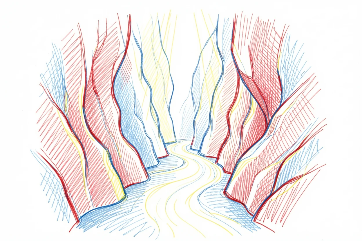 A canyon slot carved smooth by centuries of flowing water, light beams filtering down
