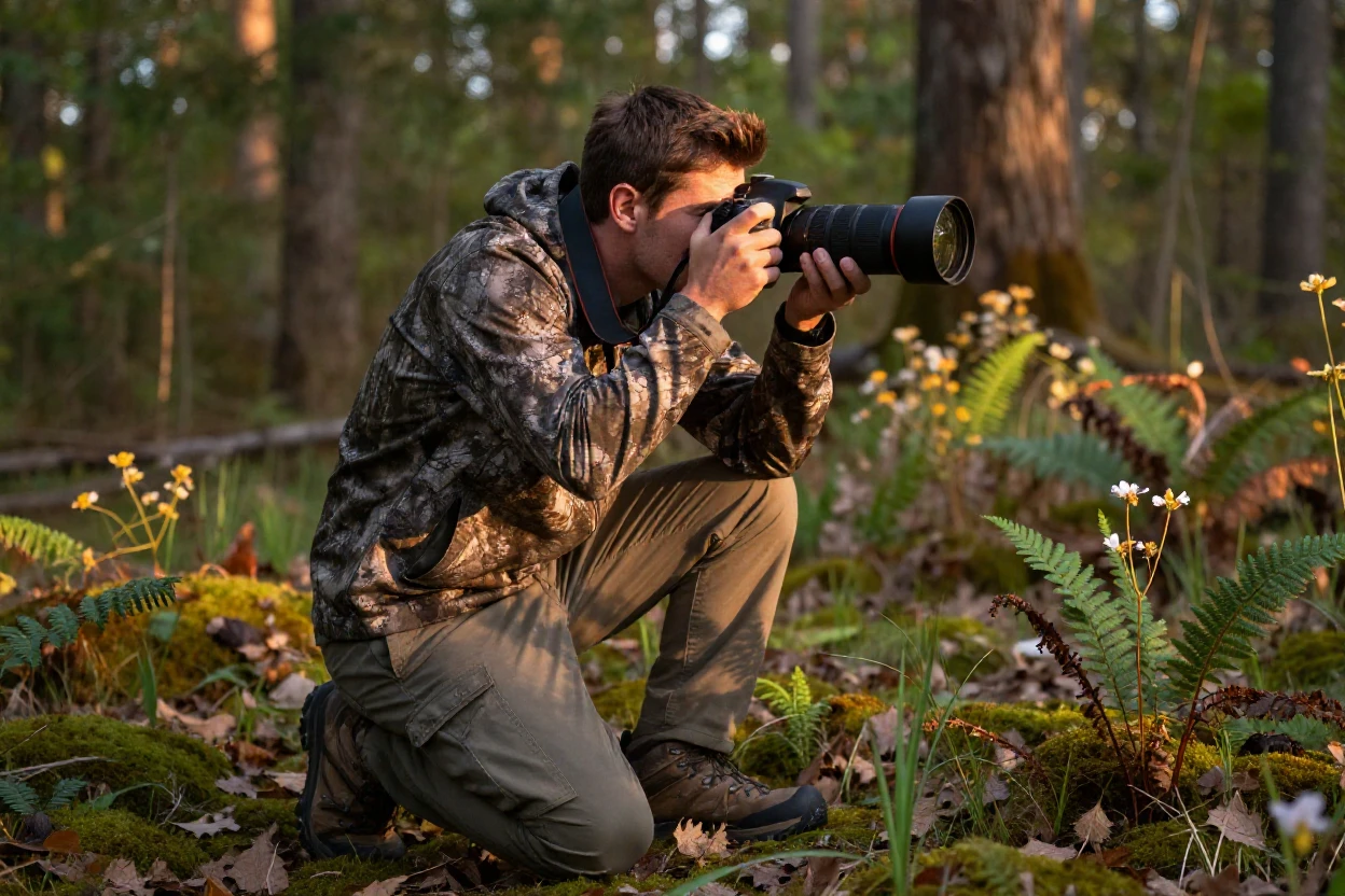 A photographer crouched low to capture wildlife