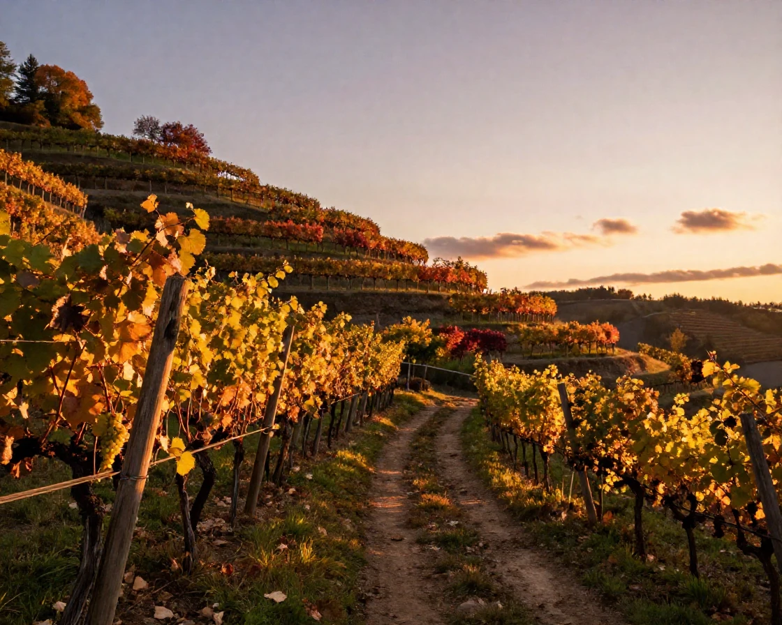A terraced hillside vineyard catches the last light of a autumn evening.