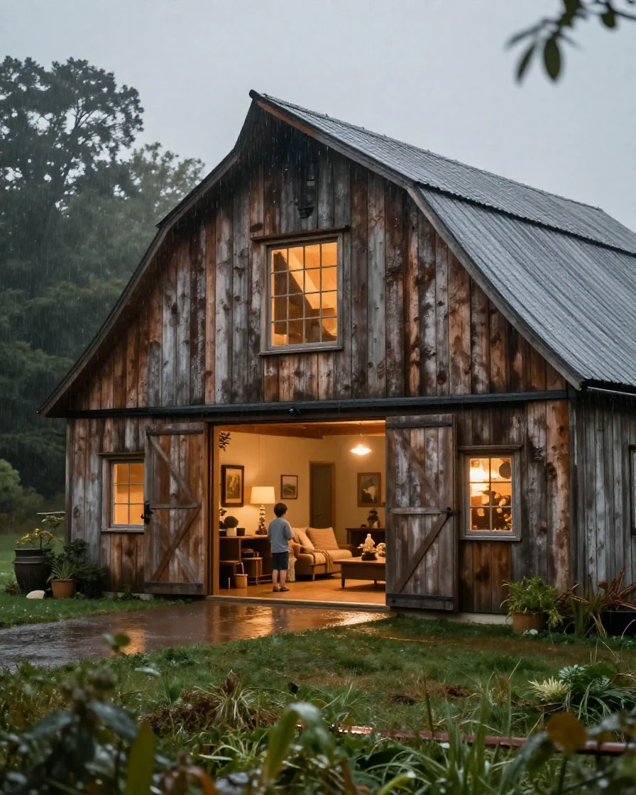 A rustic barn converted into a warm family home, welcoming and warm, as rain patters gently on the roof