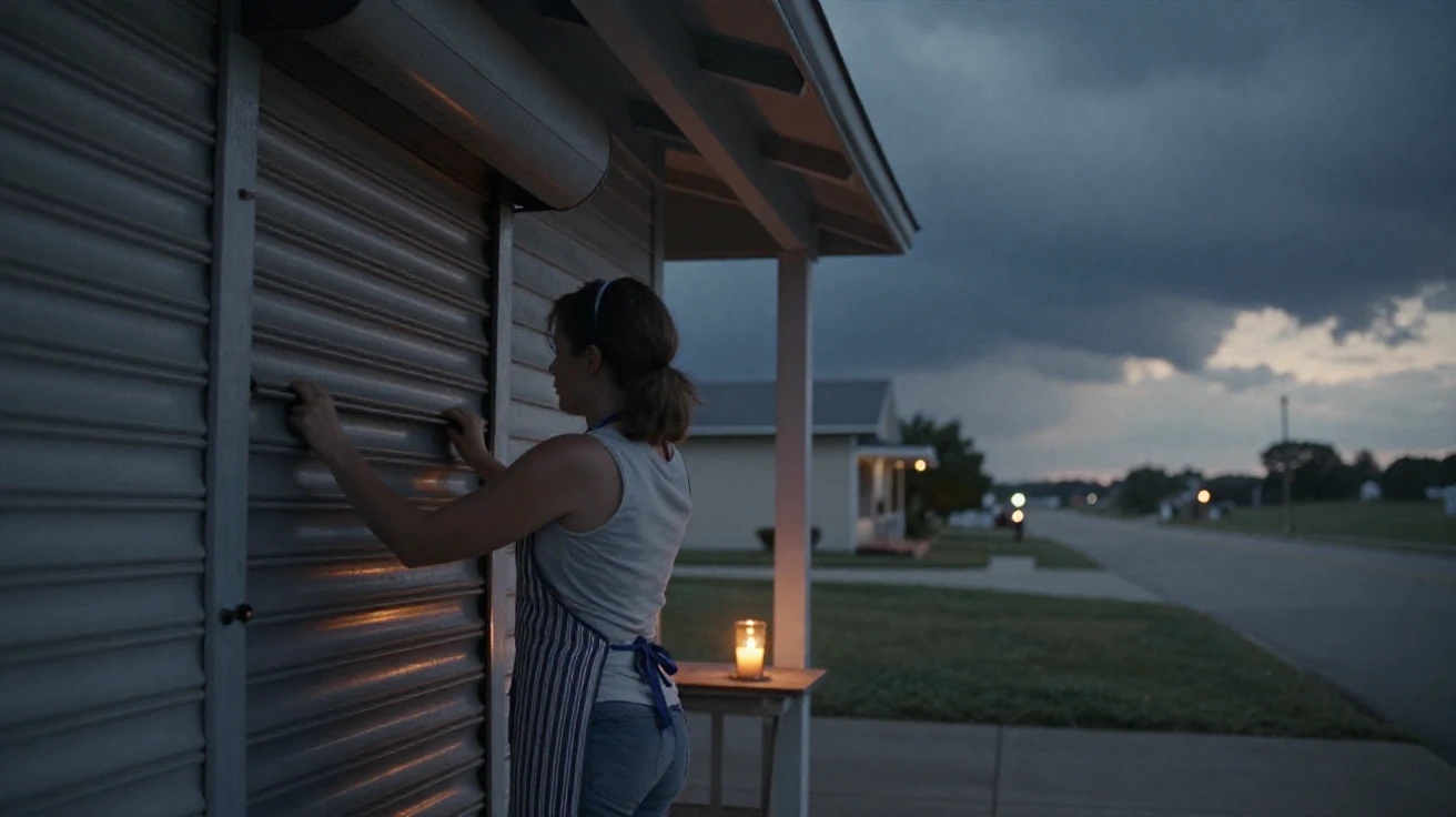 A shopkeeper rolling up the metal shutter of her small store, under flickering candlelight, under a darkening storm sky, during the long days of summer, in cool blues and silvery greys, from behind, looking toward the horizon.
