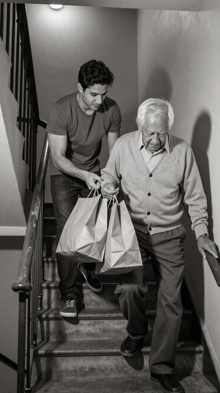 A young man helps his elderly neighbor carry groceries up a narrow apartment stairwell.
