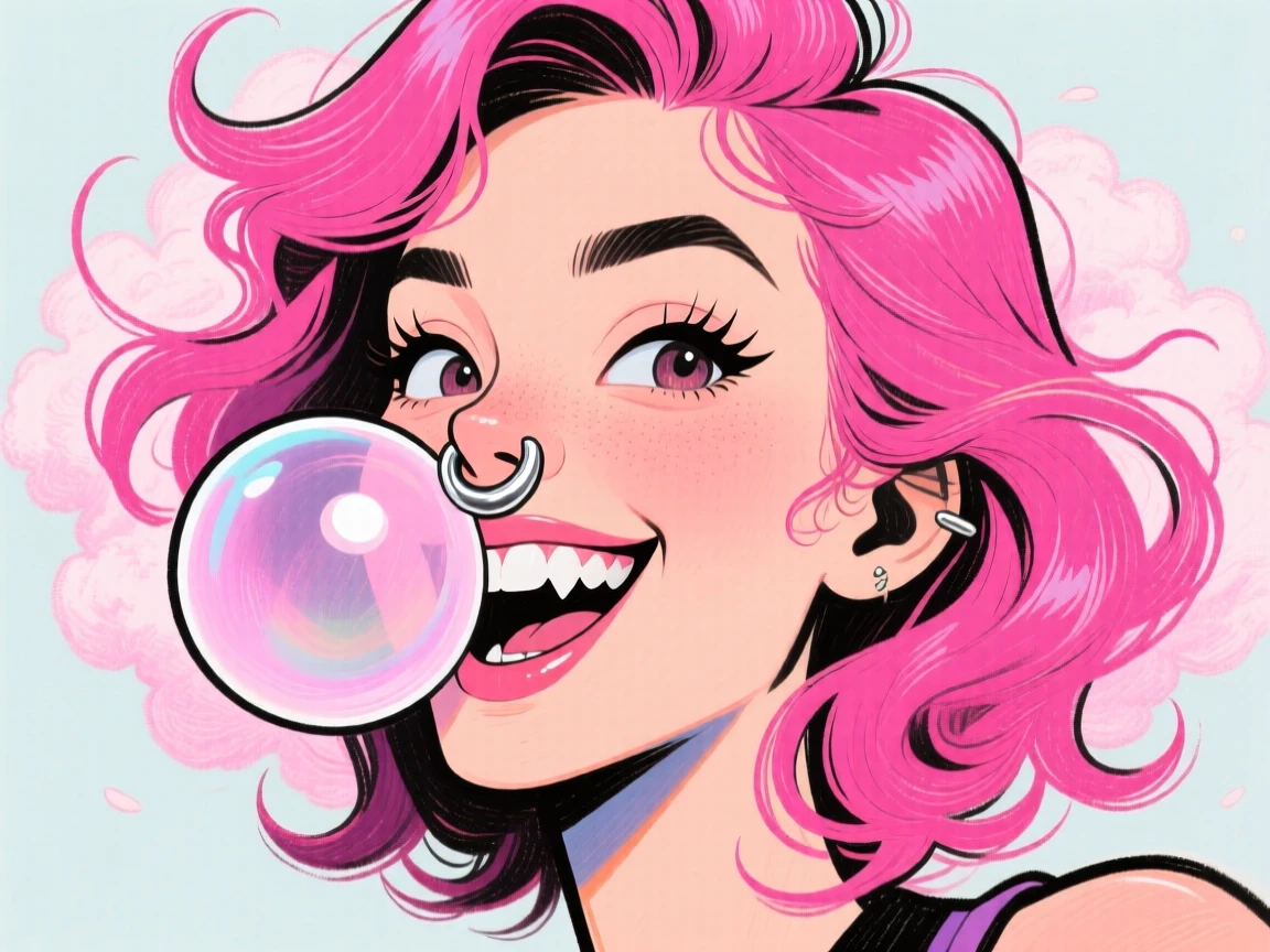 A young woman with vibrant pink hair and a nose ring, blowing a bubblegum bubble.