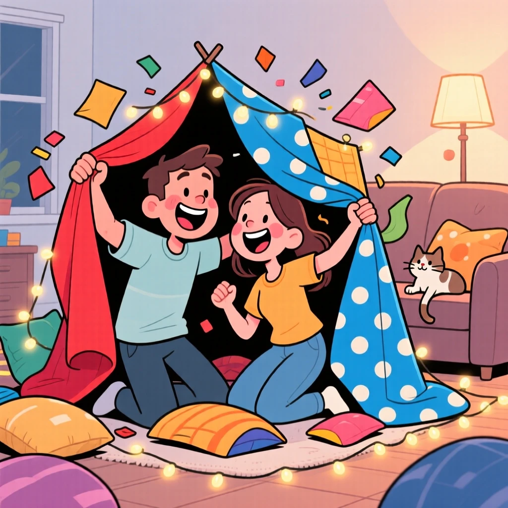 A heartwarming scene of a couple building a blanket fort together, giggling as it collapses on top of them.