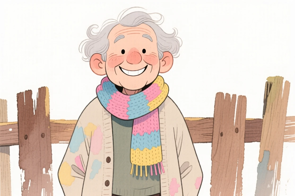 An elderly man with soft grey curls, grinning ear to ear, wearing a cozy oversized cardigan and wearing a colorful knit scarf, in front of a rustic wooden fence