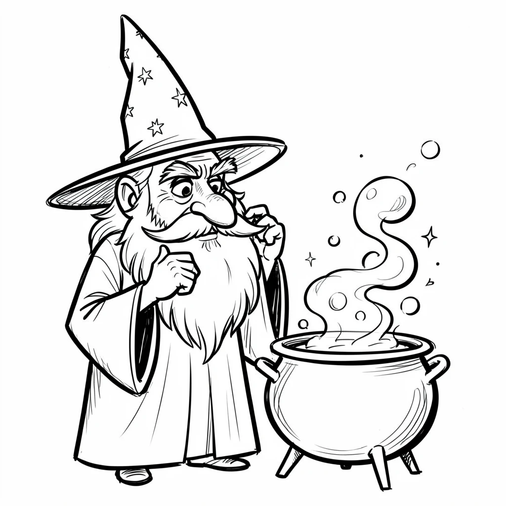 [People Portraits & Characters] Portrait of a wise old wizard stroking a long white beard beside a bubbling cauldron, full of personality and charm