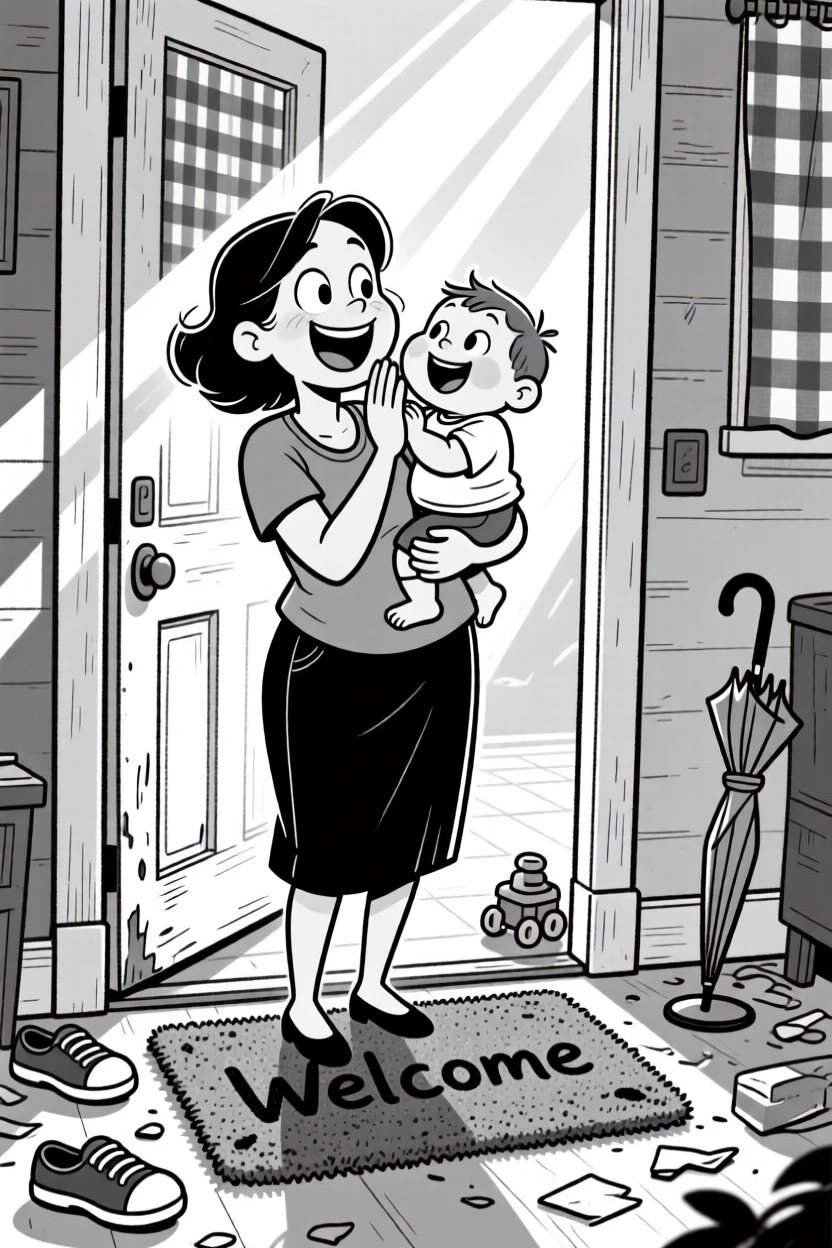 A mother balancing a toddler on her hip, whispering a secret behind cupped hands, set on a worn front-door welcome mat. Sunlight streams through gingham curtains. The image captures the joyful mess of home life.