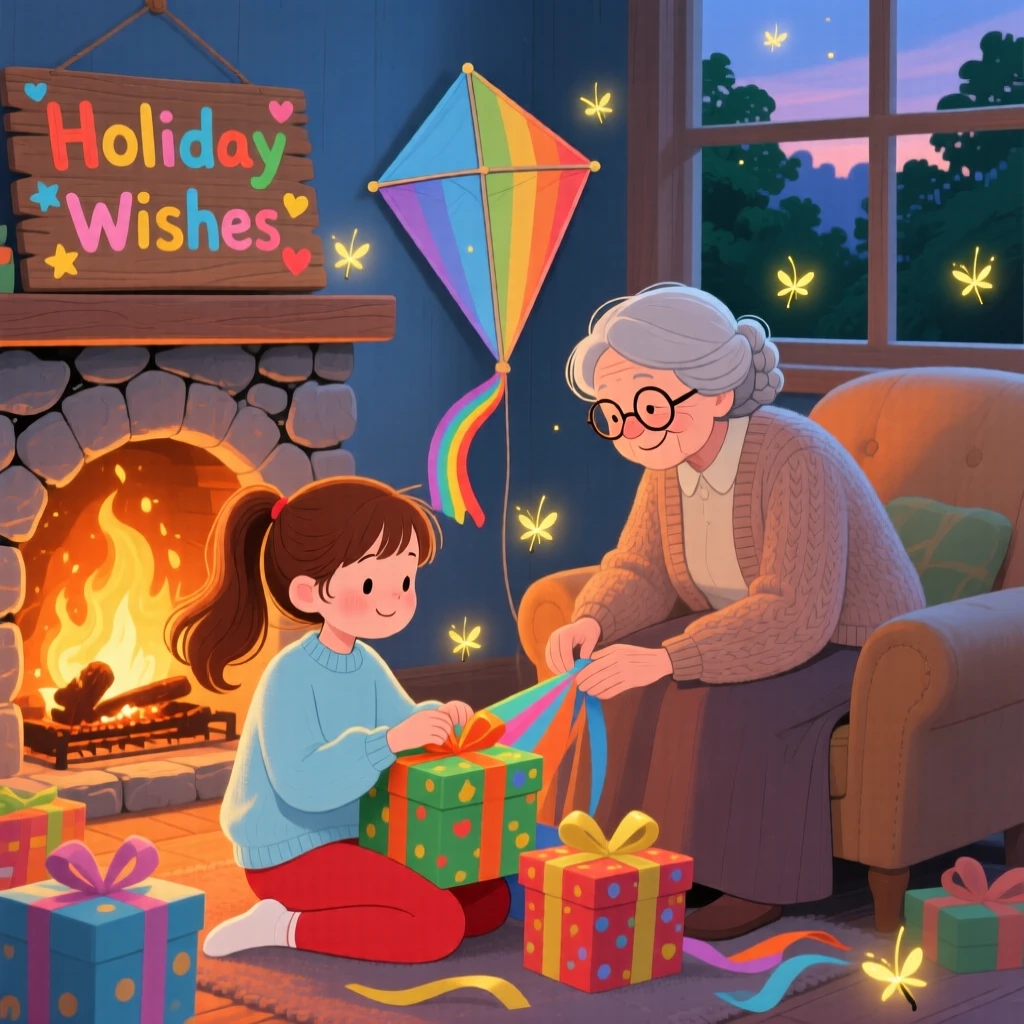 With her grandmother close by, a girl with a kite is wrapping presents by the fireplace, as fireflies begin to twinkle.