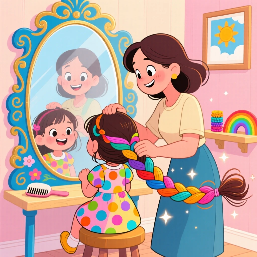 A mother braiding her daughter's hair in front of a mirror.