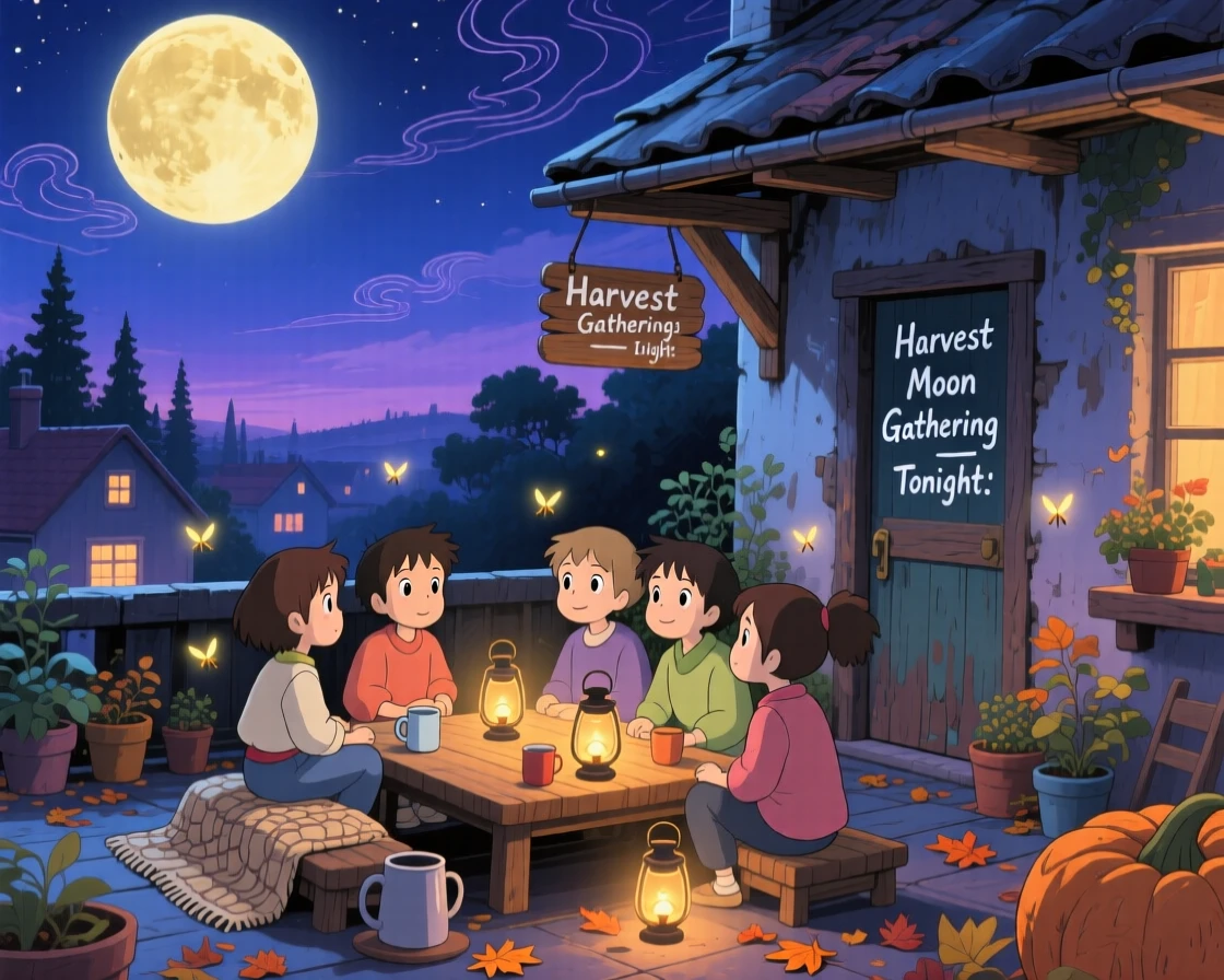 A nighttime scene of a rooftop gathering under a full harvest moon, hushed and magical.