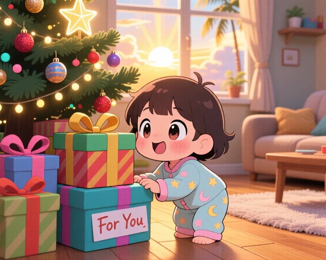 Extreme close-up of a small child in pajamas, peeking excitedly at presents under a tree, in a cozy living room on a winter morning, on a warm tropical afternoon, illuminated by rays of sunrise breaking through clouds, radiating shy bashfulness.