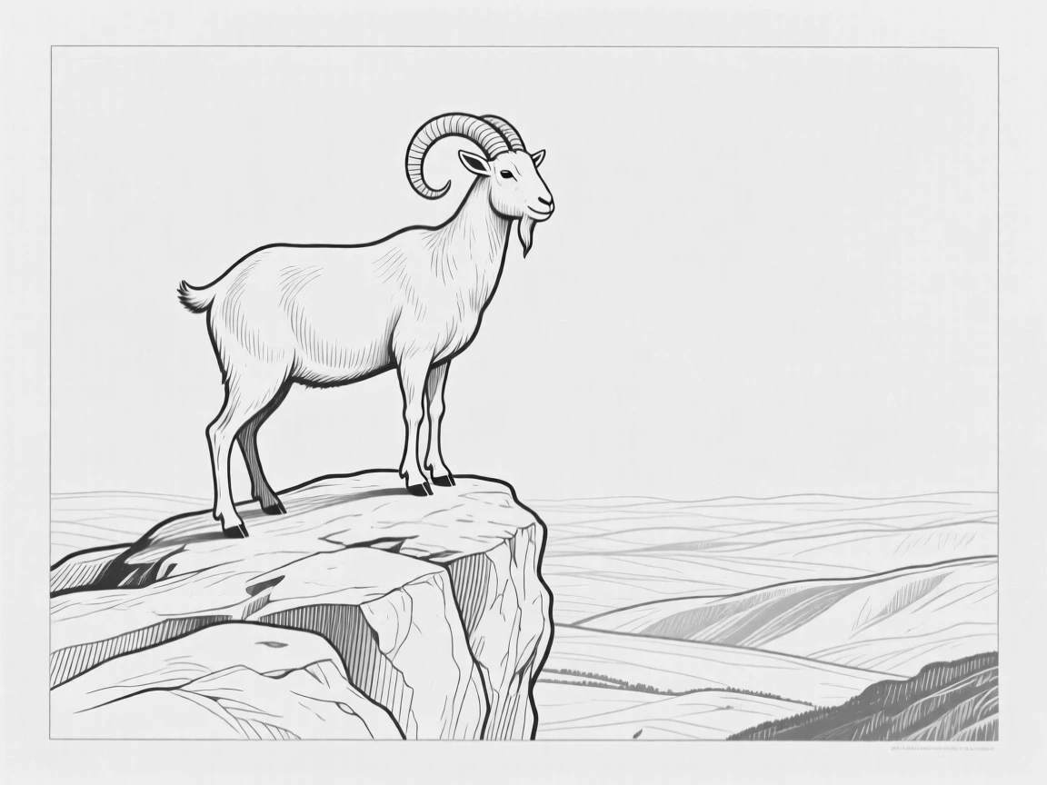 A goat standing on a rocky outcrop overlooking a valley