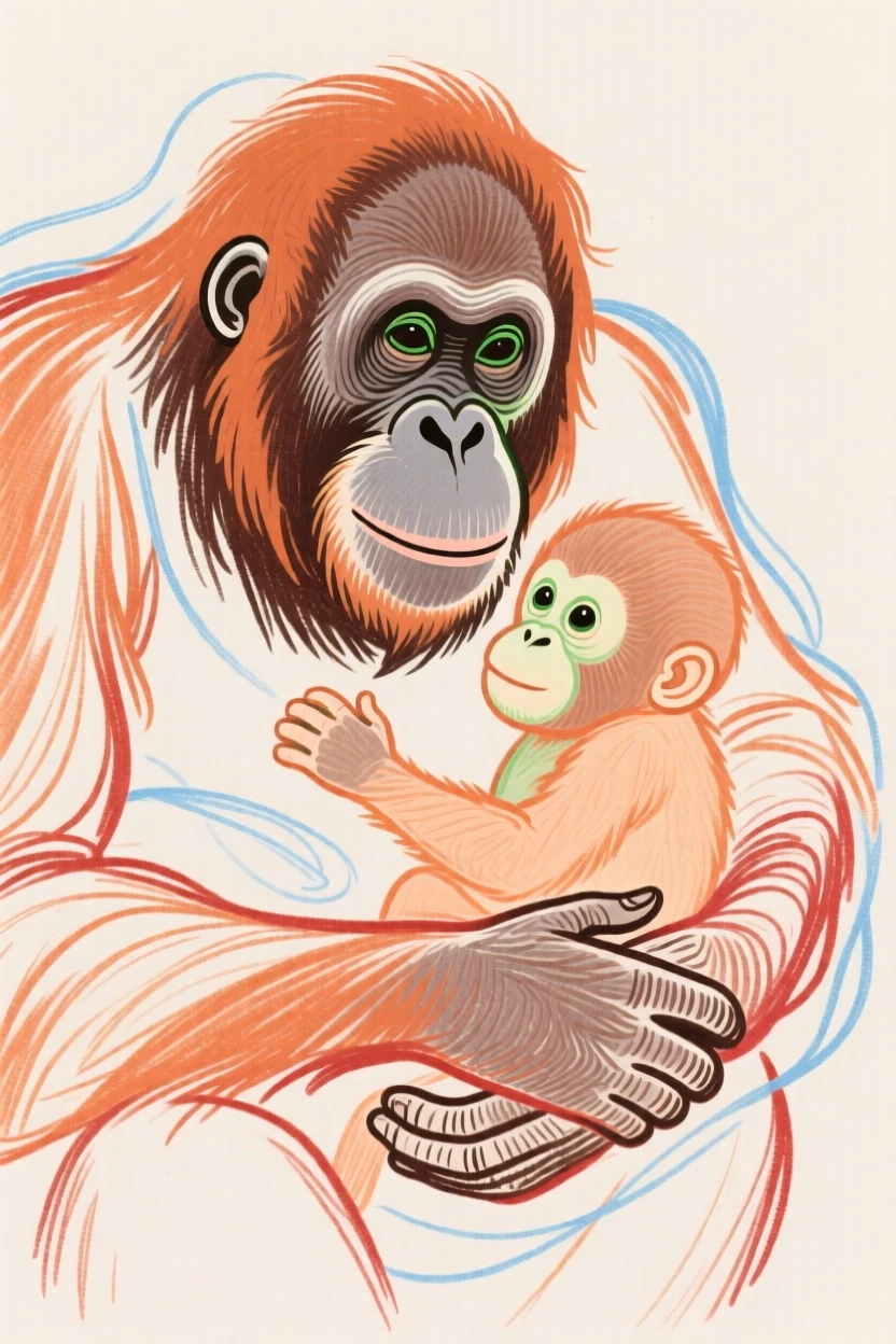 A orangutan cradling its baby.