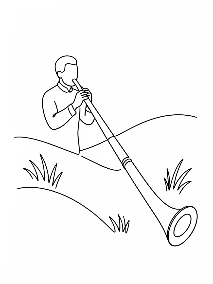 A traditional Swiss alphorn player performing on a mountain meadow