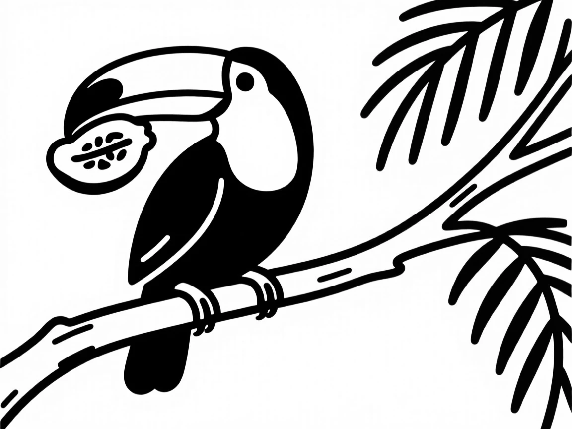 A toucan perched on a tropical branch with a papaya in its beak.