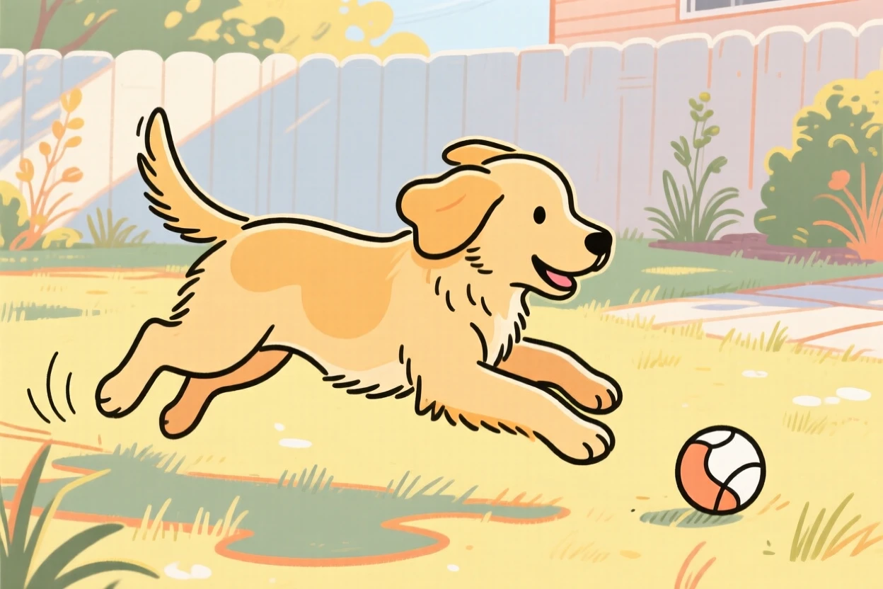A golden retriever puppy chasing a ball across a sunny backyard.
