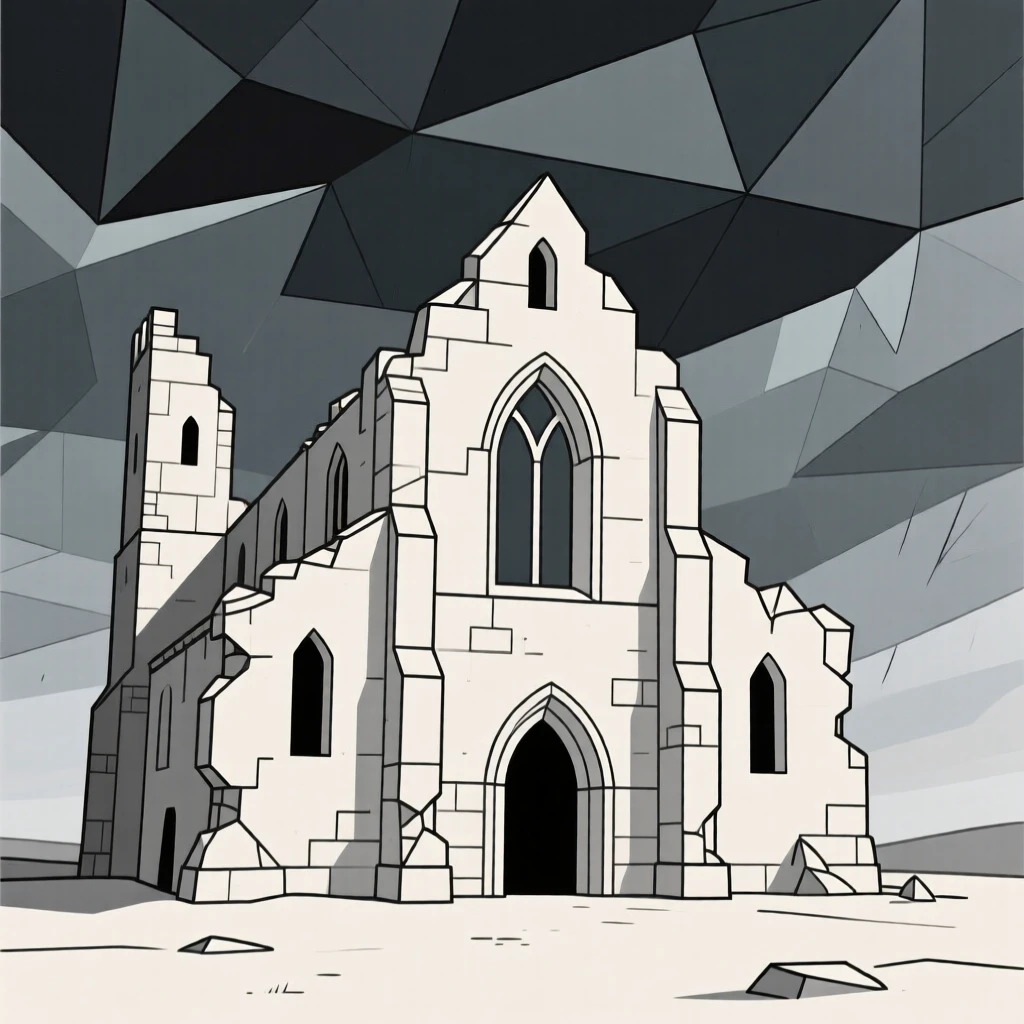 A crumbling medieval abbey beneath a stormy sky