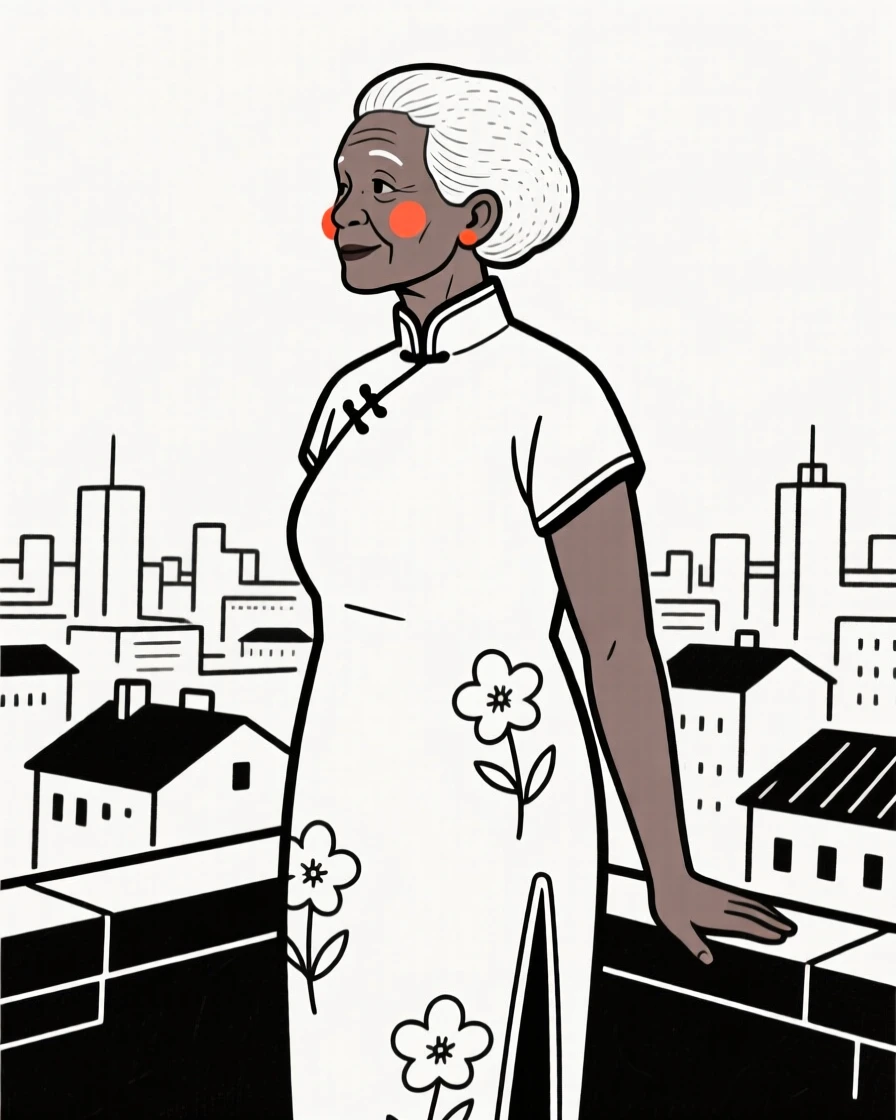 An elderly woman of Nigerian heritage wearing a Chinese qipao, glowing with nostalgia, on a rooftop overlooking the city.