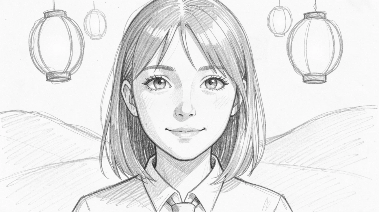 Intimate close-up of a bright-eyed schoolgirl against a backdrop of rolling hills, surrounded by floating lanterns.