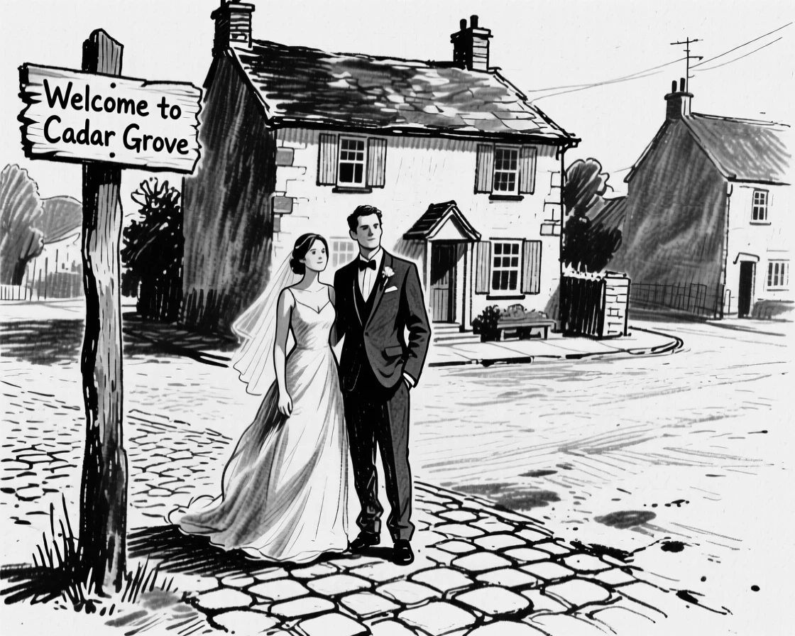 A newlywed couple standing proudly in front of their home, in a small village square.
