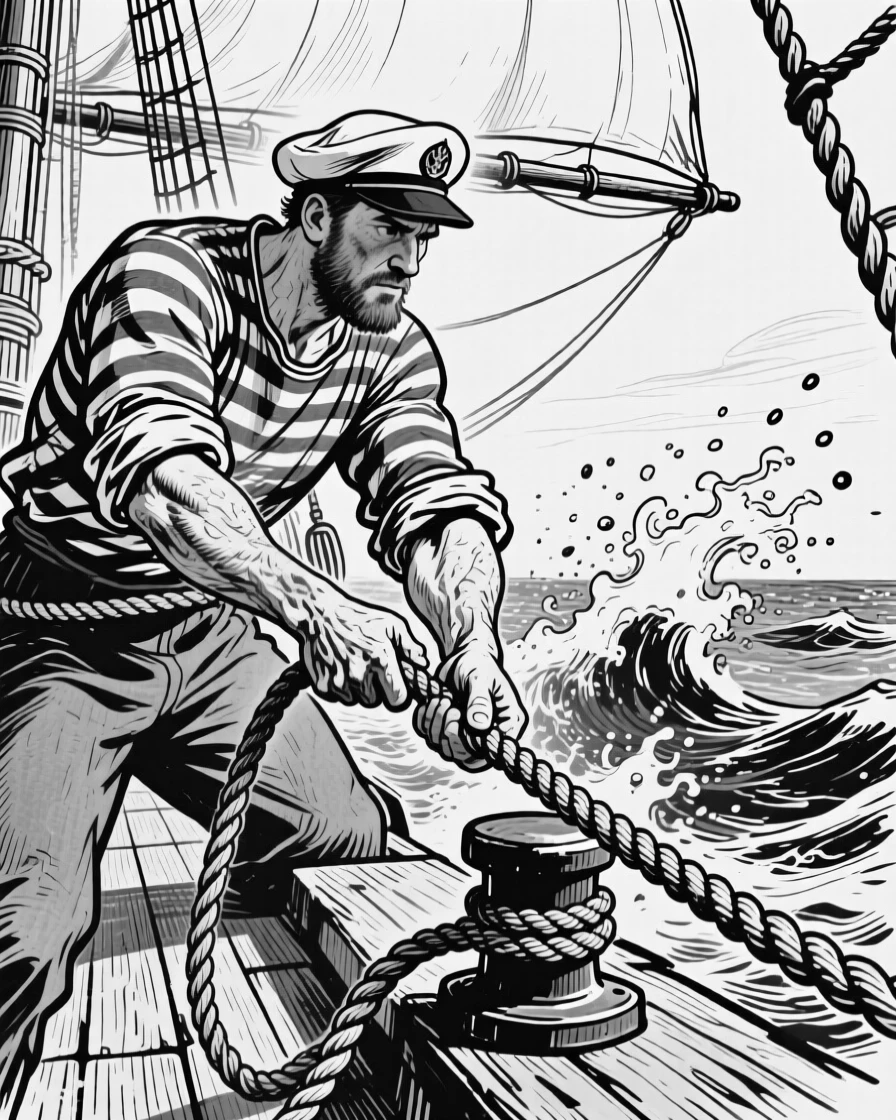 A sailor tying rope securely on the deck of a ship as waves splash nearby.