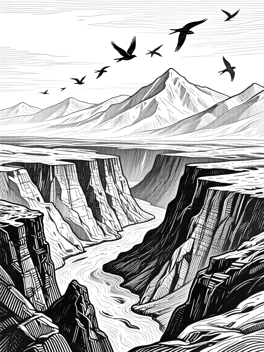 A canyon carved by centuries of water surrounded by distant snow-capped peaks, with birds circling lazily overhead, evoking a wild and untamed atmosphere in a wide, balanced composition.