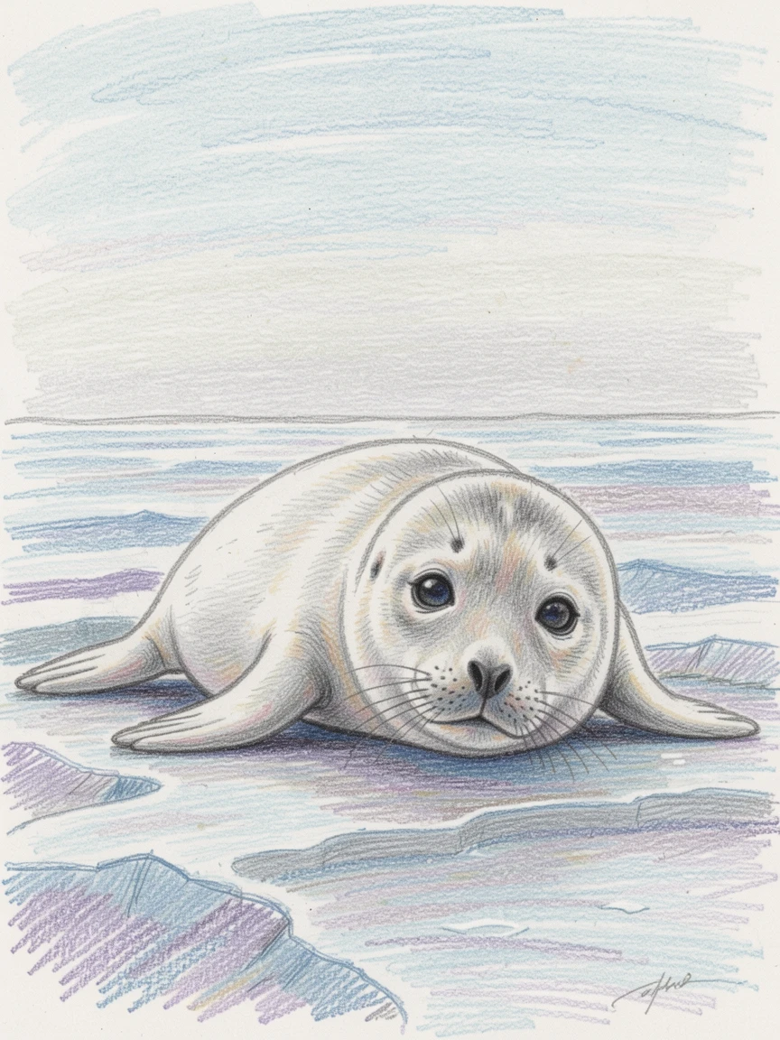 A seal pup resting on an icy shoreline under a pale winter sky, surrounded by soft natural light and gentle shadows, celebrating the simple beauty of the animal world.
