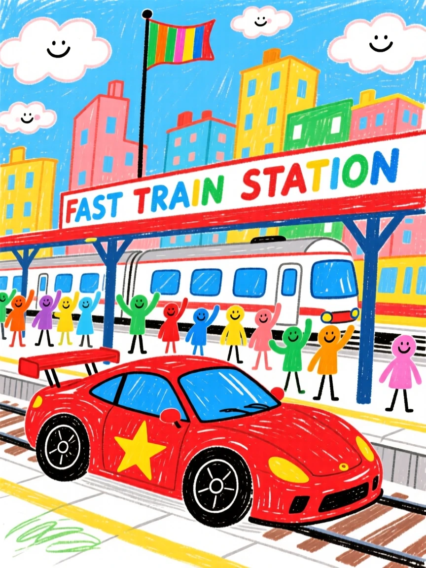 A sleek race car loading up at a bustling train station.
