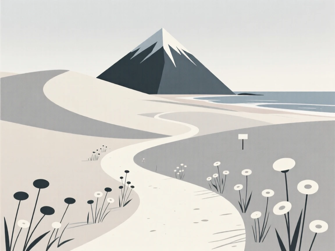 A winding path through a coastal dune landscape leading toward a mountain peak, with wildflowers swaying in the breeze scattered along the way, radiating quiet solitude.