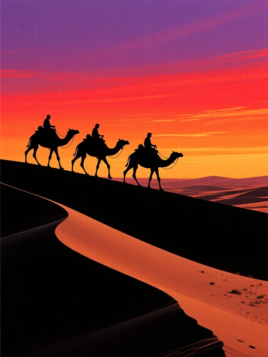 A camel caravan walking single file across tall desert dunes at sunset.