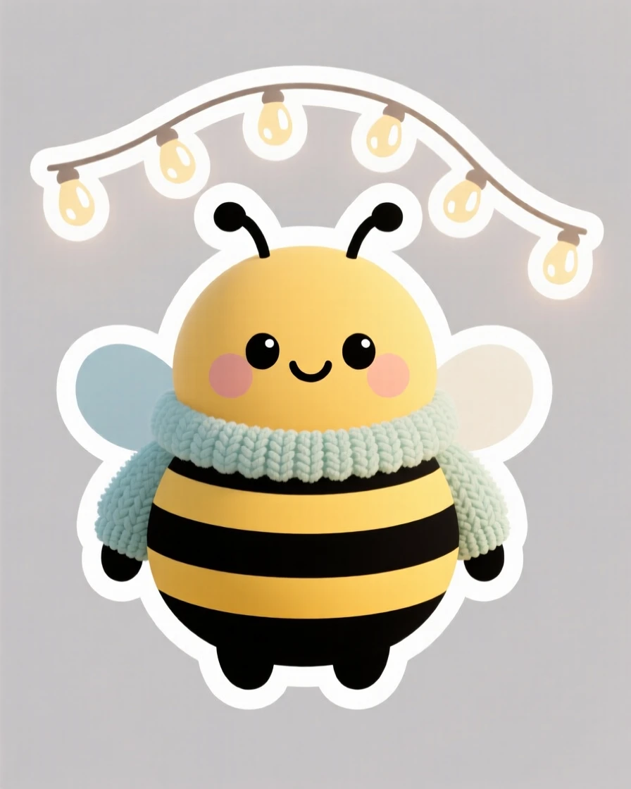 A sweet-faced round bumblebee mascot wearing a tiny knitted sweater, under a string of fairy lights.