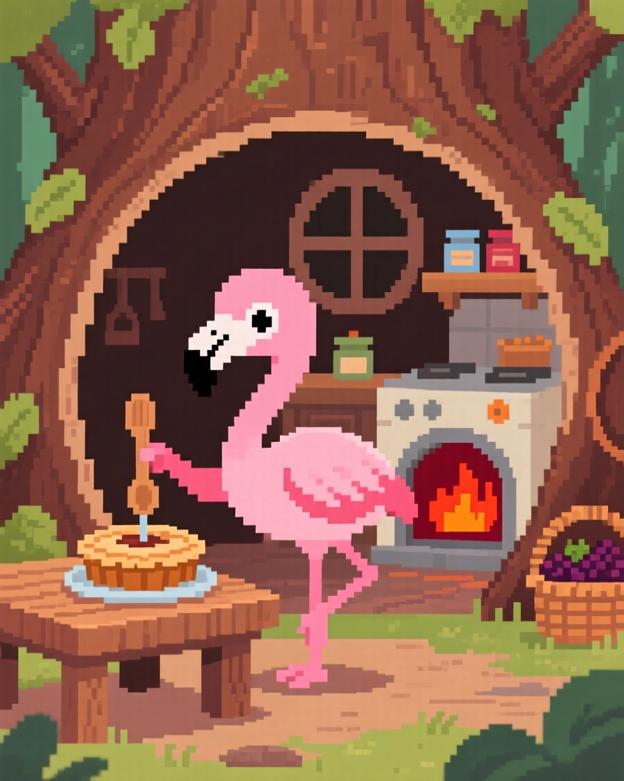 A baby flamingo learning to stand baking a miniature pie in a woodland kitchen, inside a hollow tree stump home.