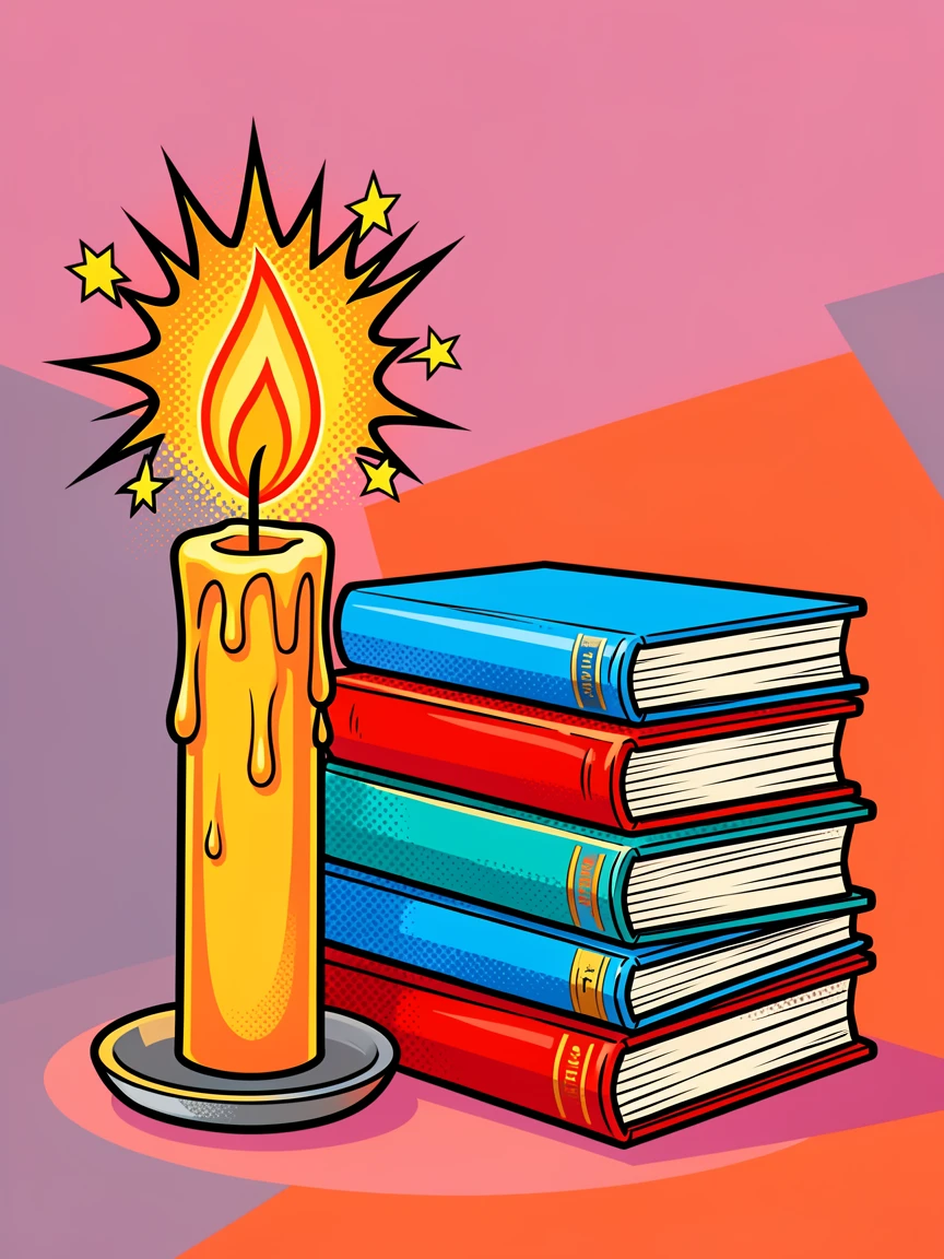 A candle flickering beside a stack of well-loved books